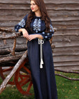 Women’s navy embroidered maxi dress with solid-color belt
