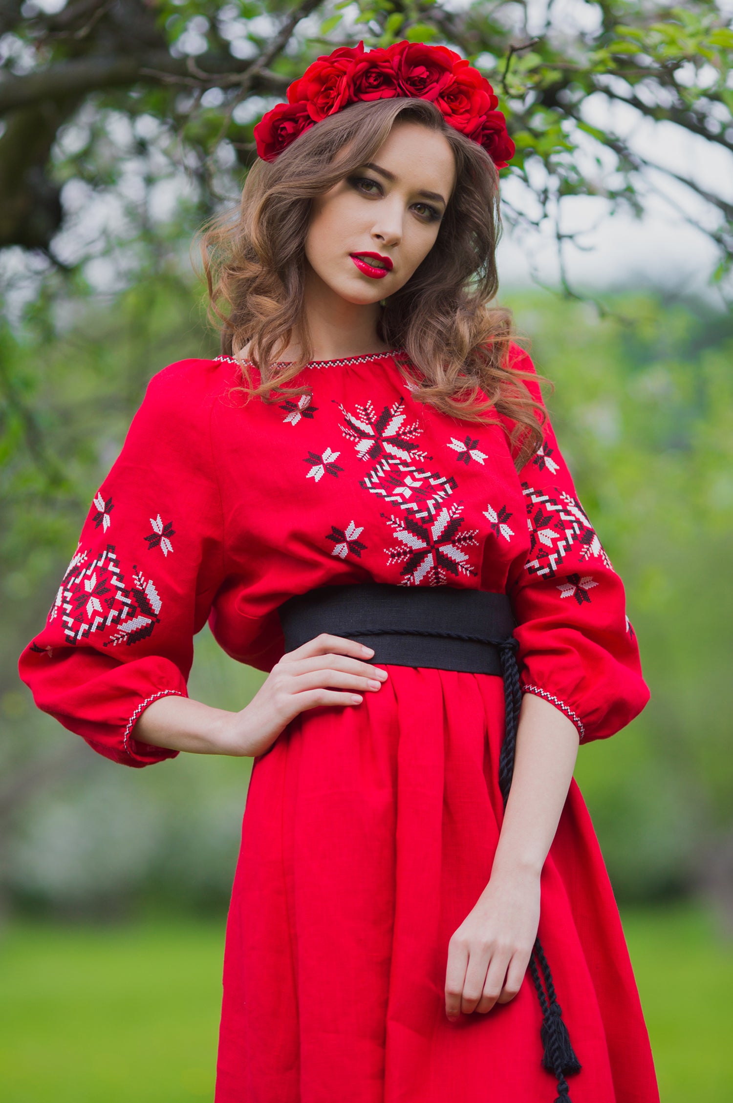 Elegant red Ukrainian-style maxi dress with geometric embroidery