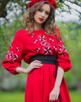 Elegant red Ukrainian-style maxi dress with geometric embroidery