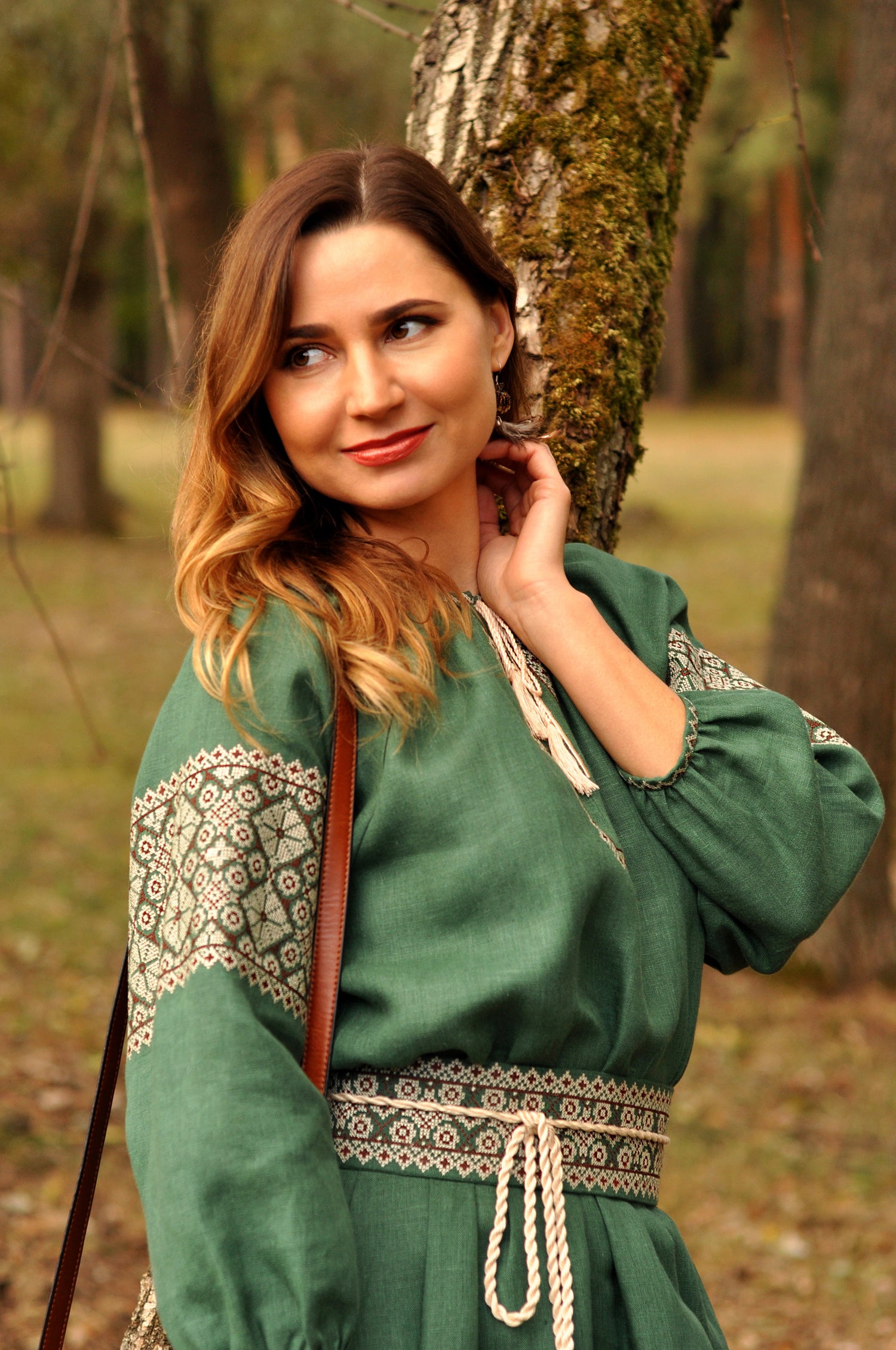 Dark green linen embroidered maxi dress with beige and brown ornament