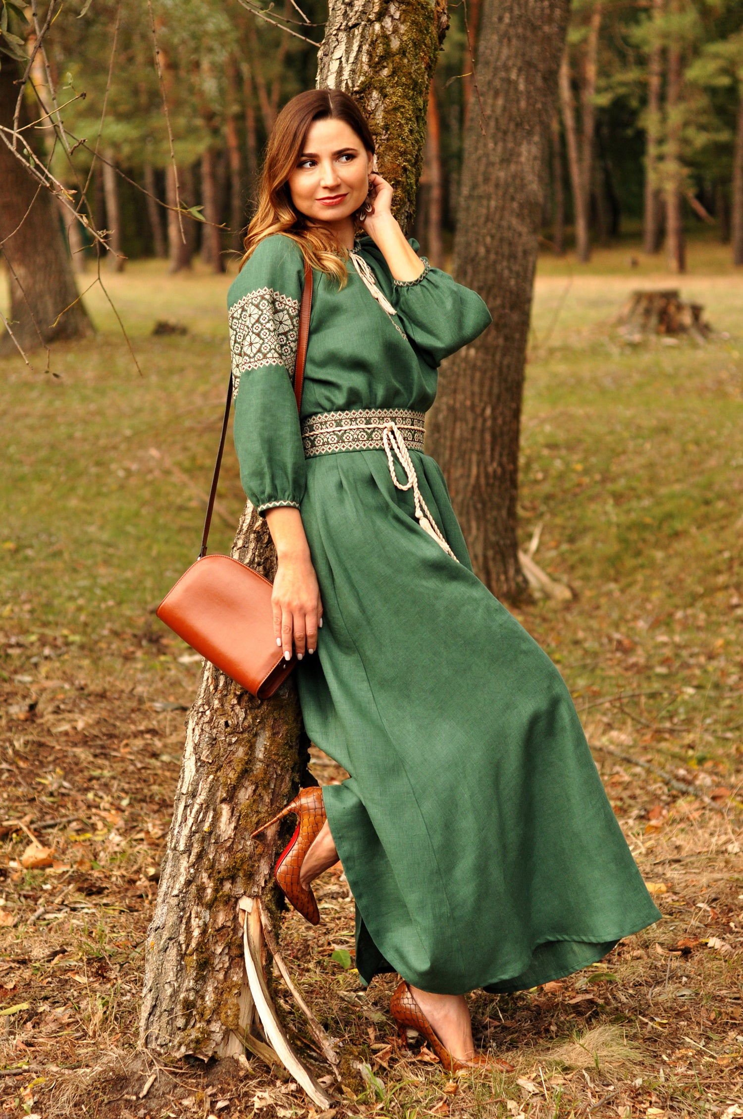 Elegant emerald green Ukrainian-style maxi dress with Rhombus embroidery