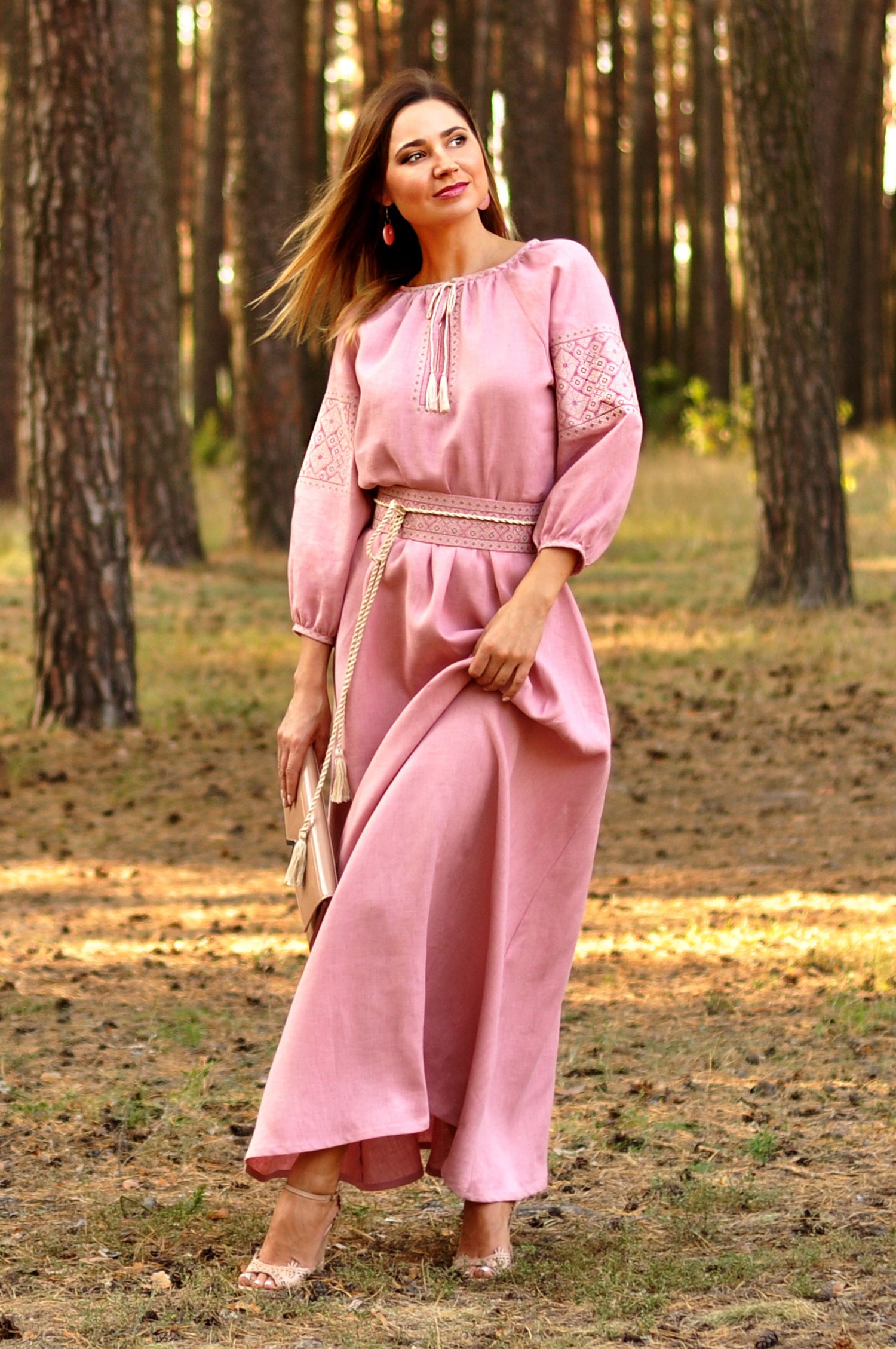 Women’s powder pink embroidered dress with removable embroidered belt