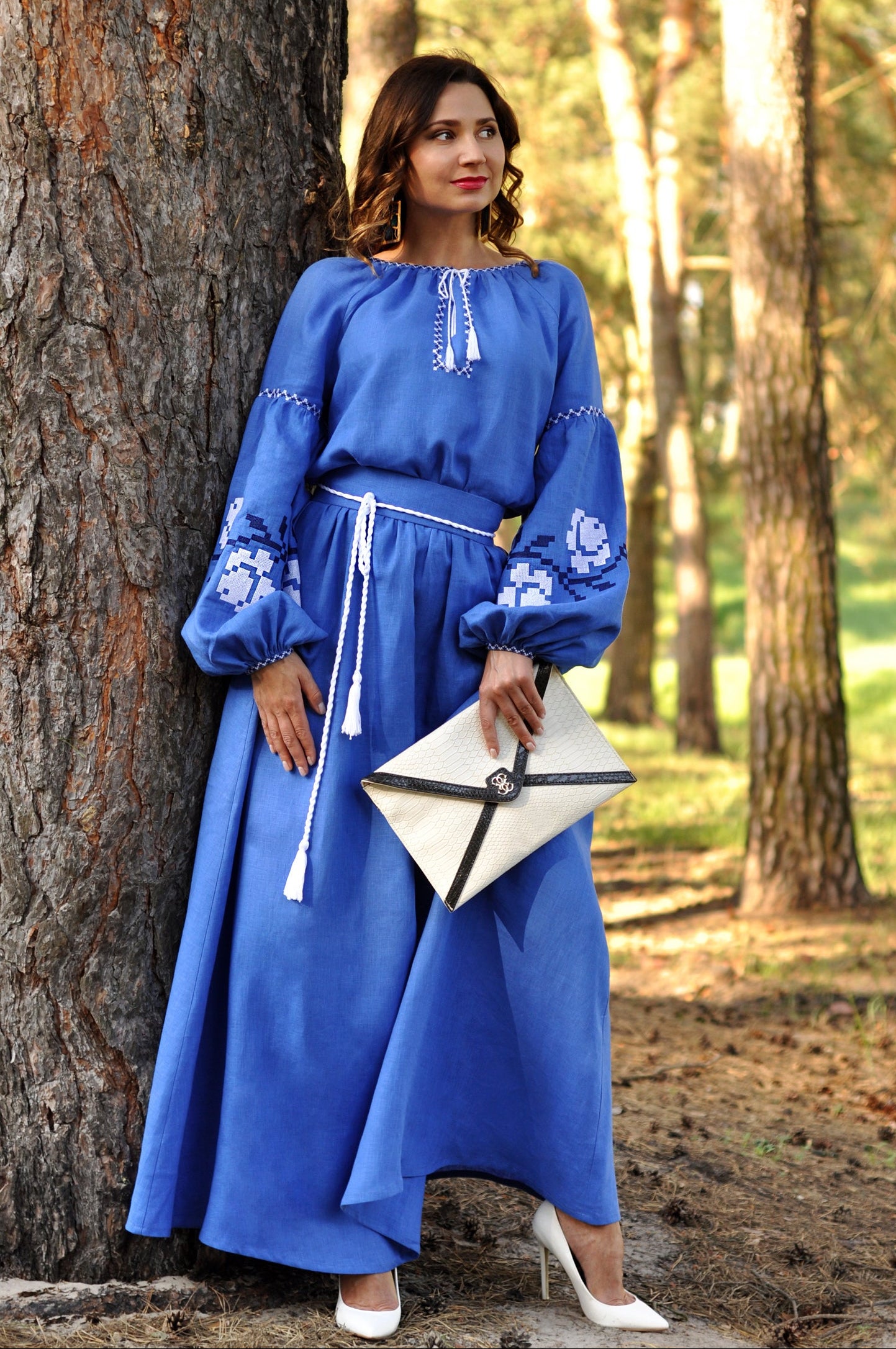 Cornflower blue linen embroidered maxi dress with white rose ornament