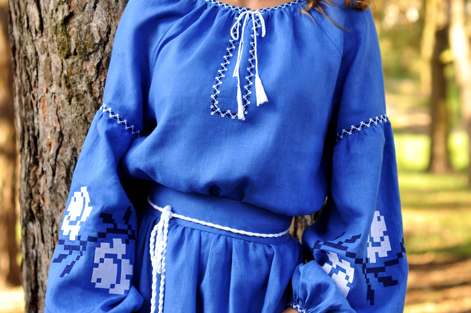 Elegant cornflower blue Ukrainian-style maxi dress with white floral embroidery