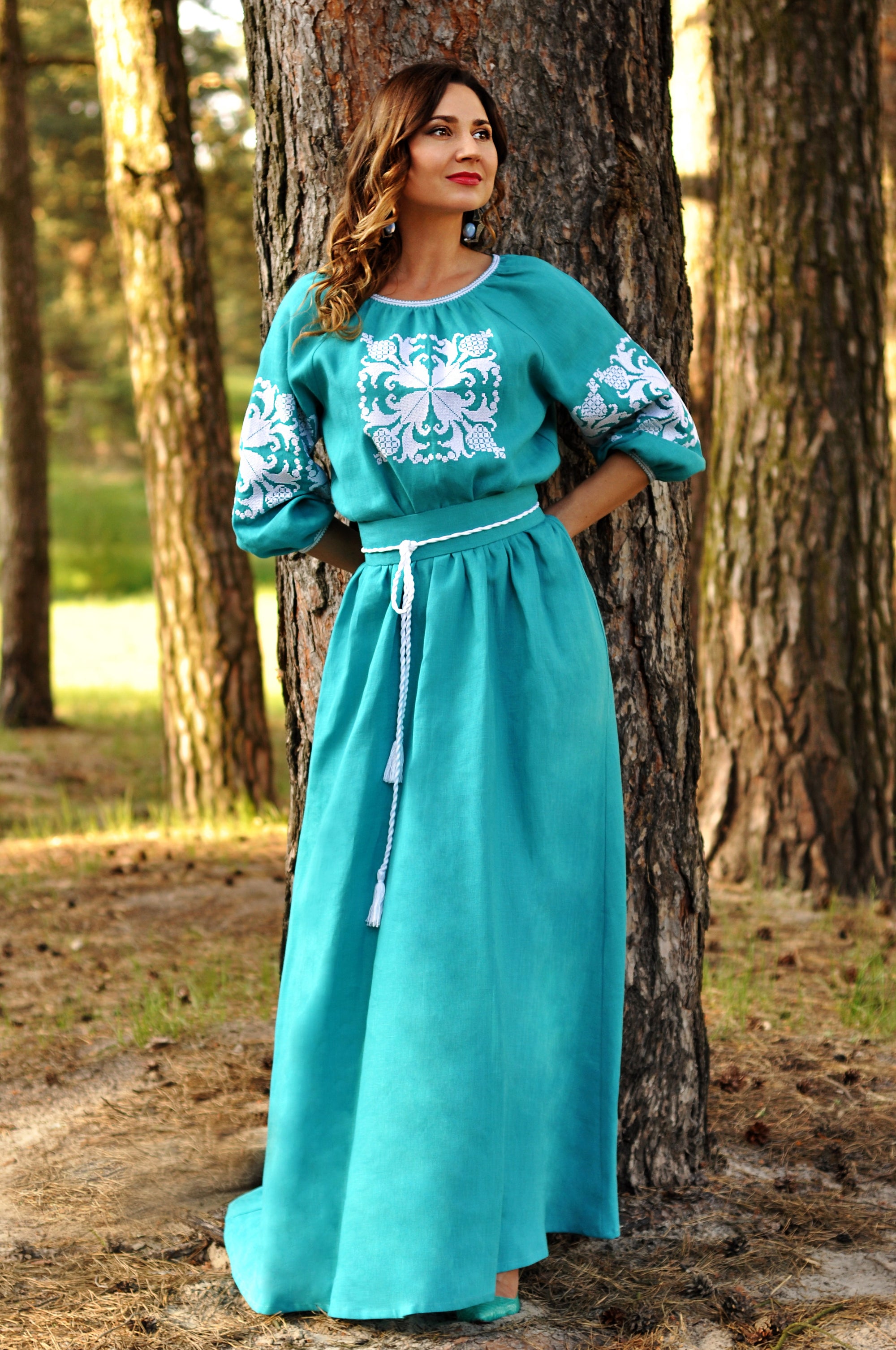 Elegant sea wave Ukrainian-style maxi dress with volumetric floral embroidery