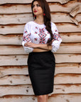 Women’s embroidered white blouse with 3/4 sleeves and Alatyr-inspired ornament