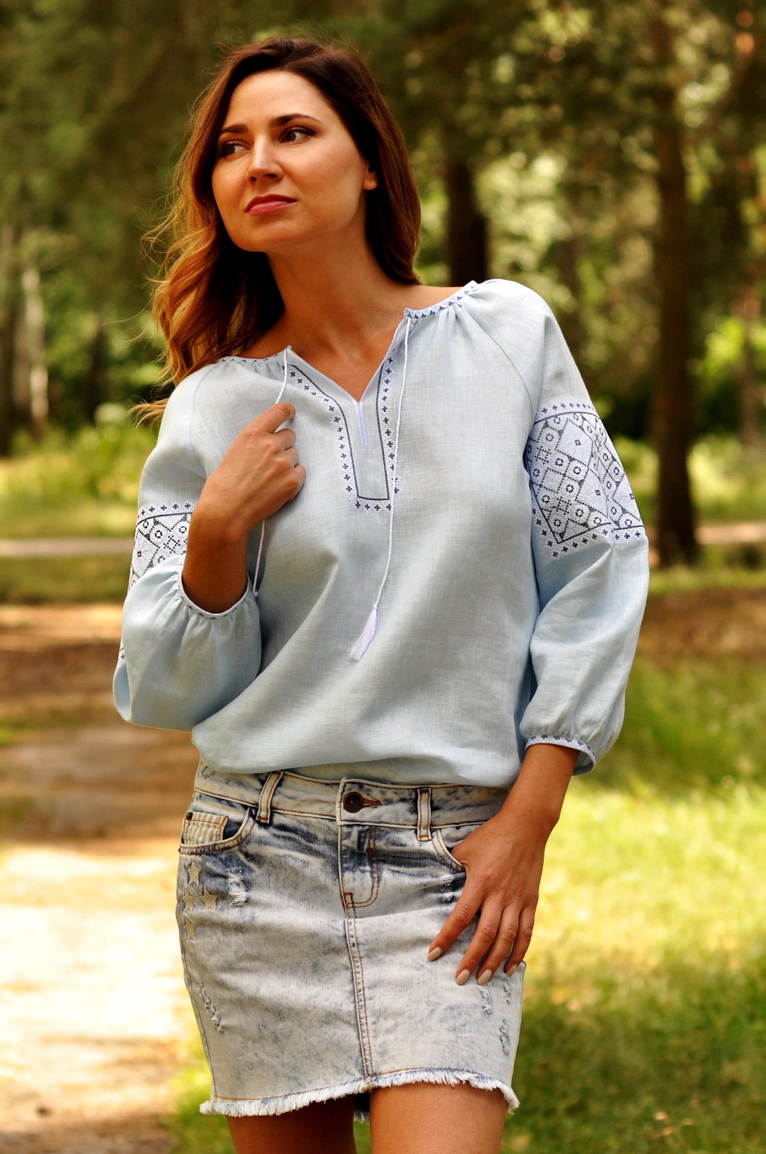 Light blue Ukrainian-style embroidered blouse for summer styling