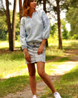 Women’s embroidered light blue blouse with 3/4 sleeves in natural linen
