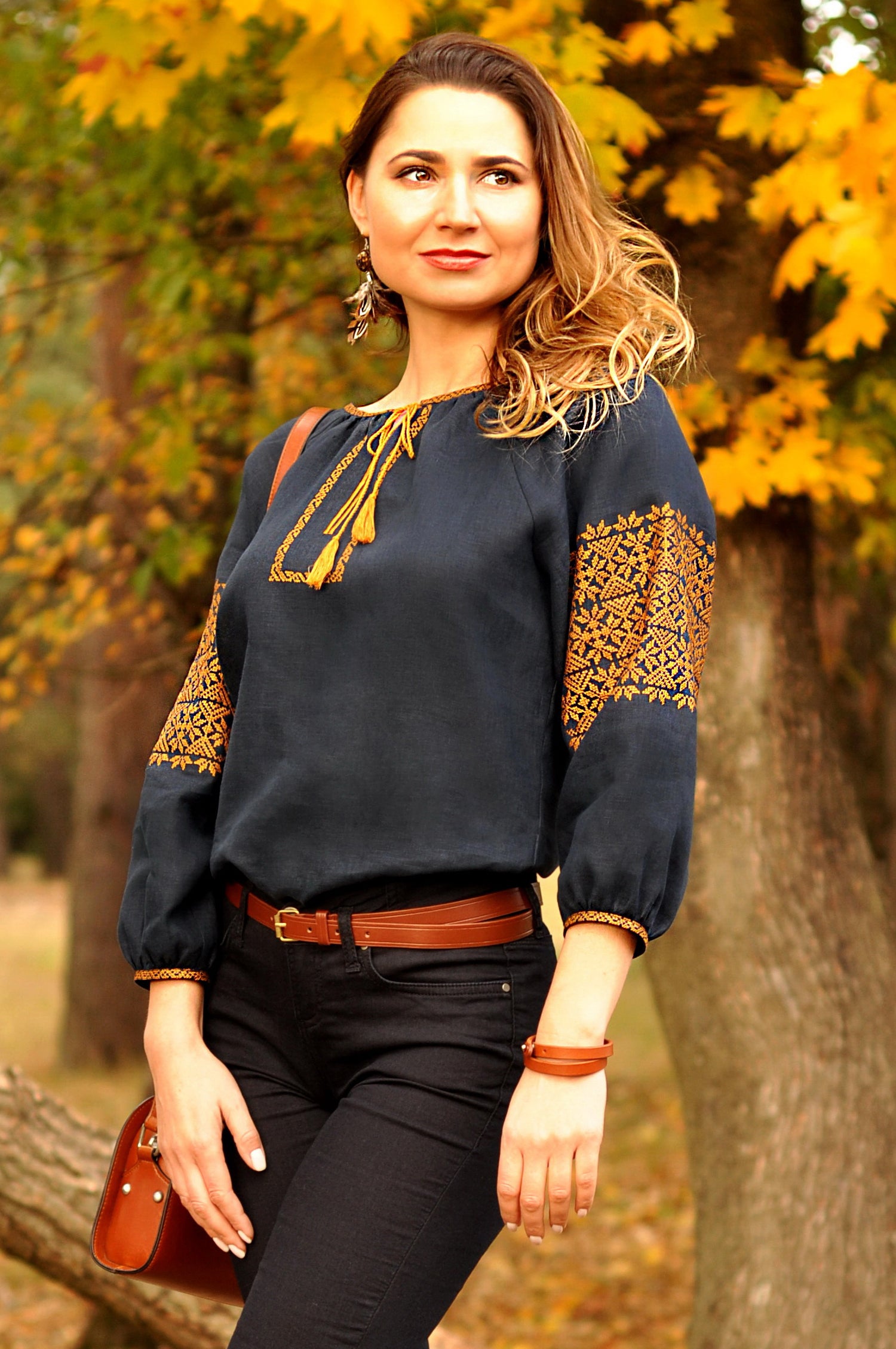 Dark blue linen women’s vyshyvanka with bronze geometric embroidery