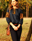 Dark Blue Linen Women’s Vyshyvanka with Bronze Ornament