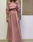 Powder Pink Linen Embroidered Maxi Dress with Embroidered Belt